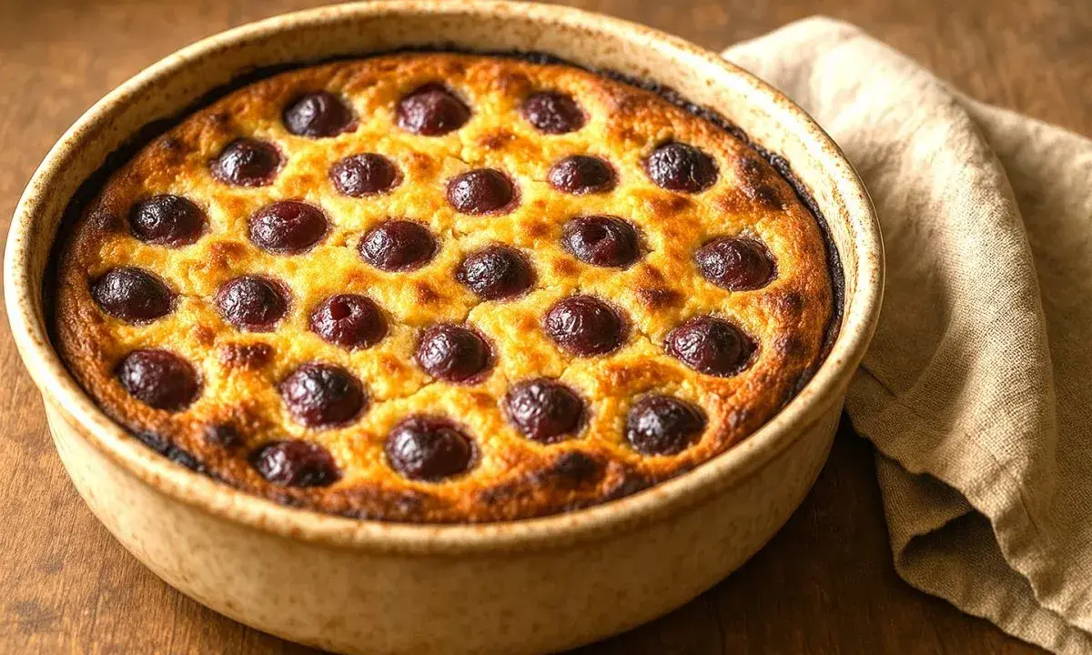 Un clafoutis aux cerises moelleux, doré et gourmand, prêt à être dégusté. Une recette simple pour un dessert parfait.