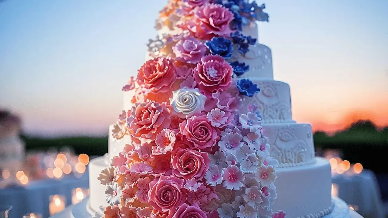 Un magnifique gâteau à étages orné de roses et de fleurs roses, bleues et blanches. Une recette gâteau original pour un événement spécial.