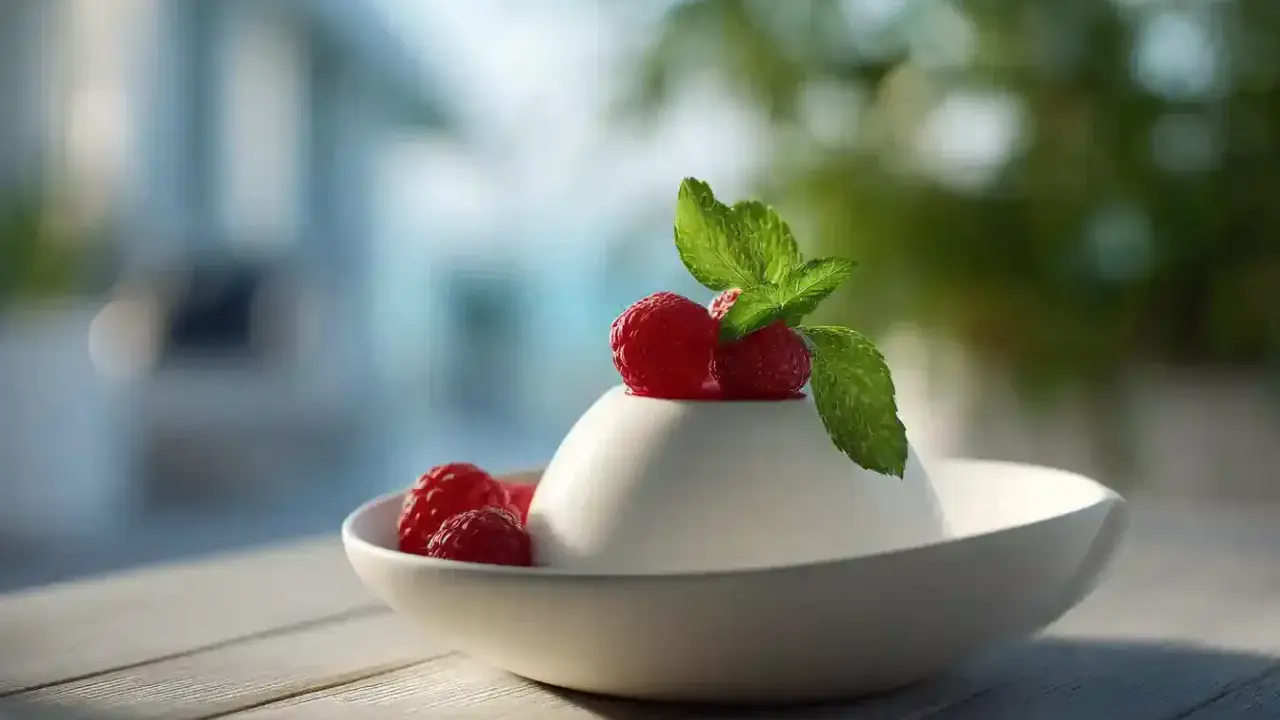 Délicieux panna cotta au lait sans crème, garni de framboises fraîches et d'une feuille de menthe, servi dans un bol blanc sur une table en bois.