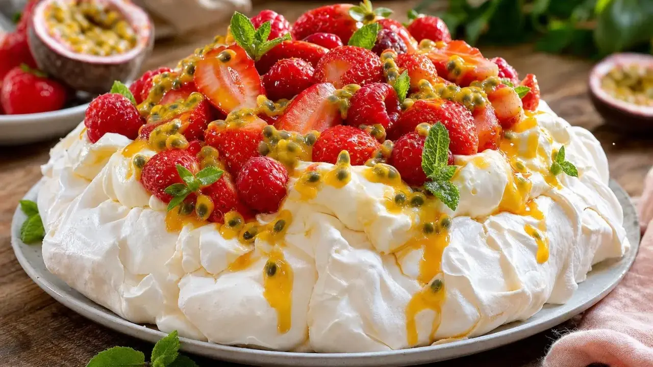 Pavlova aux fruits rouges et fruits de la passion, une recette estivale parfaite.