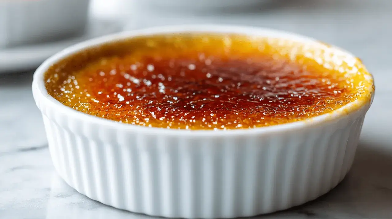 Crème brûlée dans un ramequin blanc, sa croûte caramélisée brillante témoigne d'une cuisson parfaite.