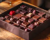 Une boîte de chocolats assortis, chacun un petit bonbon chocolat, est posée sur une table en bois.