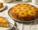 Un gâteau aux ananas facile, doré et caramélisé, avec des tranches d'ananas sur le dessus. Une part est servie sur une assiette avec une fourchette.