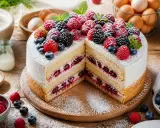 Gâteau à étages décoré de fruits rouges frais, avec des couches de crème et de confiture de baies.