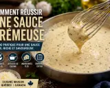 Un fouet soulève une sauce crémeuse et onctueuse d'une poêle. Guide pour réussir une sauce lisse et savoureuse.