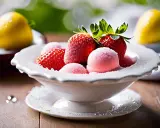 Un bol de sorbet fraise professionnel, garni de fraises fraîches et saupoudré de sucre glace. Un délice estival.