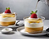 Deux desserts en verrine, une espuma légère, garnie d'une framboise et d'une feuille de menthe. Une recette gourmande.