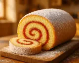 Un gâteau roulé meilleur pâtissier, saupoudré de sucre glace, avec une spirale de confiture rouge. Un délice visuel et gustatif.