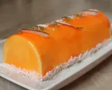 Bûche fruit exotique, un délice orangé glacé, décoré de copeaux de noix de coco et de zestes verts.