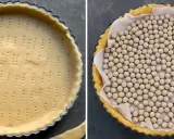 Pâte brisée dans un moule, prête pour le pré-cuisson. La deuxième image montre la pâte recouverte de papier cuisson et de billes pour le temps de cuisson pâte brisée.