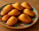 Assiette colorée de madeleines dorées, parfaites pour des recettes de madeleines maison.