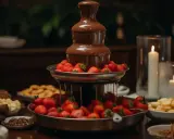 Fontaine à chocolat en action, entourée de fraises fraîches et de guimauves. Une recette gourmande pour un dessert inoubliable.
