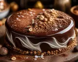 Un magnifique entremet chocolat noisette, glacé et décoré de noisettes croquantes et de cacao. Un délice visuel et gustatif.