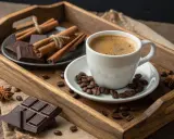 Une tasse de café fumante, du chocolat noir, des grains de café, de la cannelle et de l'anis étoilé sur un plateau en bois. Un délice moka chocolat.