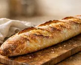 Une belle baguette dorée sur une planche en bois. On pourrait la mettre au frigo pour le conserver, mais elle sera meilleure dégustée fraîche.