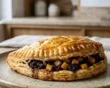 Chausson aux pommes fait maison, garni de compote et de dés de pommes, sur une pâte feuilletée dorée. Une recette gourmande.
