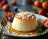 Un délicieux flan coco, nappé de caramel et garni de noix de coco râpée, servi avec des fraises et des myrtilles.