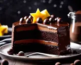 Un délicieux gâteau sucré au chocolat, garni de boules de chocolat et d'étoiles jaunes. Une part a été coupée, révélant ses couches moelleuses.