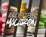 Des macarons roses, bruns, jaunes, blancs et verts empilés. Le texte "Recettes Macaron" est superposé.