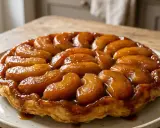 Tarte Tatin caramélisée sur sa pâte brisée dorée, un délice gourmand prêt à être dégusté.