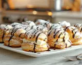 Plate of profiteroles vraie recette, dusted with powdered sugar and drizzled with chocolate sauce. A delicious dessert!