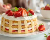 Charlotte aux fraises et crème pâtissière, un délice estival garni de fruits frais et de chantilly.