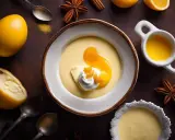 Un bol de crème anglaise 1 litre, garni de crème fouettée et d'orange confite, entouré d'oranges, d'épices et de cuillères.