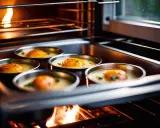 Cinq ramequins avec des œufs pochés dans un bain-marie au four, la flamme du four visible en bas.
