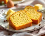 Deux tranches de gâteau quatre quart moelleux sur une assiette, accompagnées de bâtonnets de beurre et d'une pincée d'épices.