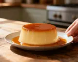 Un délicieux crème caramel, nappé de son coulis ambré, est servi sur une assiette. Une main s'approche pour le saisir.