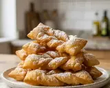 Pile de bugnes dorées saupoudrées de sucre glace, prêtes à être dégustées. Une recette de bugnes qui met l'eau à la bouche.