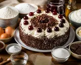 Gâteau Forêt Noire, prêt à être dégusté, entouré des ingrédients pour une recette forêt noire professionnelle : farine, œufs, chocolat, cerises, crème.