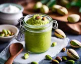 Un pot de praliné pistache maison, garni de pistaches, prêt à être dégusté. Une recette gourmande à découvrir.