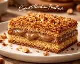 Gâteau moelleux garni d'une crème onctueuse et recouvert d'un **croustillant praliné** aux noisettes.