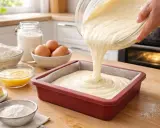 Verser une pâte onctueuse, un fondant blanc, dans un moule à gâteau. Ingrédients de pâtisserie disposés autour.