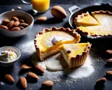 Tartes au citron et amandes, garnies de sucre glace. Le temps de cuisson pâte sablée à blanc est parfait pour cette texture dorée.