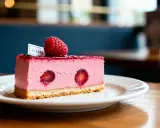 Délicieux entremet framboise, garni d'une framboise fraîche et de morceaux de fruits rouges, sur une base croustillante.
