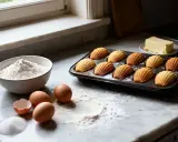 Plateau de biscuits madeleines dorées, prêts pour un entremet. Ingrédients à proximité : farine, œufs, sucre, beurre.