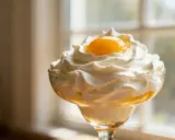 Un dessert aérien dans un verre, couronné d'une généreuse crème fouettée épaisse et d'une touche de jaune d'œuf.