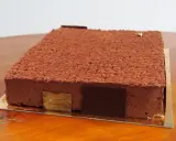 Gâteau rectangulaire au chocolat, décoré d'une texture rappelant des grains de café. Une recette insert crémeux café qui promet une dégustation exquise.
