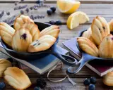 Délicieux biscuits madeleine aux myrtilles, préparés avec le Thermomix, sur fond de lavande et de citrons.