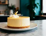 Un délicieux entremet à la mousse vanille, garni de crème fouettée et d'une fleur de vanille.