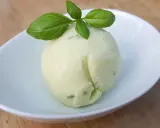Une boule de sorbet citron vert et basilic, parfaite pour une recette sorbet citron professionnel. Délicatement garnie de feuilles de basilic frais.