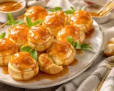 Douceurs aériennes garnies de crème et nappées d'un généreux caramel pour choux, décorées de feuilles de menthe.