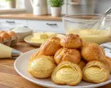 Des choux à la crème dorés, certains coupés pour révéler leur garniture onctueuse. Des ingrédients de pâtisserie sont disposés autour, prêts pour la prochaine fournée.
