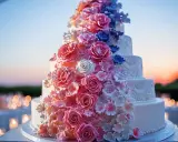 Un magnifique gâteau à étages orné de roses et de fleurs roses, bleues et blanches. Une recette gâteau original pour un événement spécial.