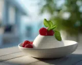 Délicieux panna cotta au lait sans crème, garni de framboises fraîches et d'une feuille de menthe, servi dans un bol blanc sur une table en bois.