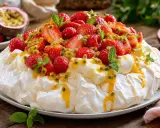 Pavlova aux fruits rouges et fruits de la passion, une recette estivale parfaite.