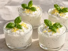 Quatre verrines de mousse au citron, garnies de basilic frais et de zestes de citron.