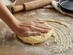Main d'une personne travaillant une pâte sucrée sur une table en bois, entourée de farine, d'un rouleau et d'un moule à tarte.